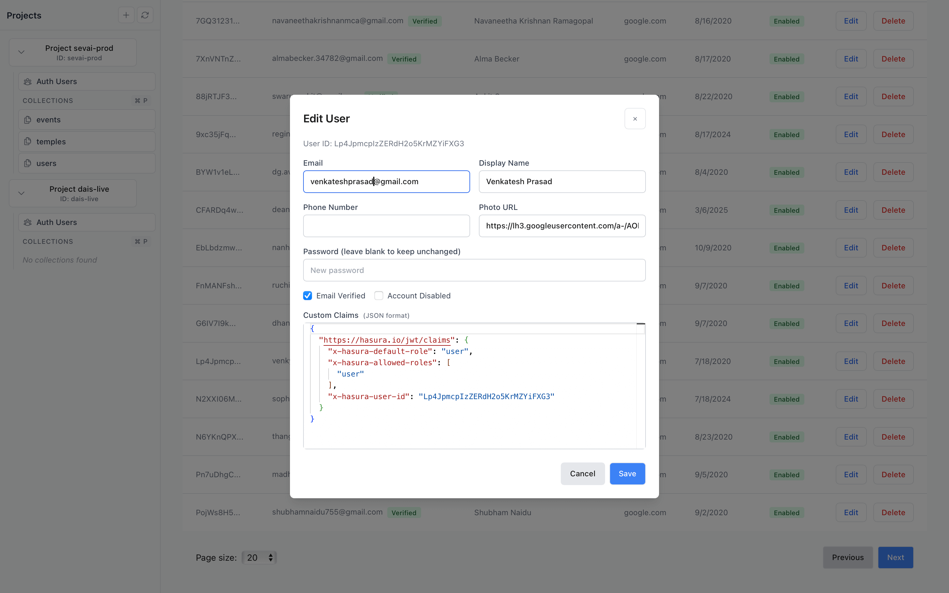 FirePilot Firebase Authentication User Edit Modal