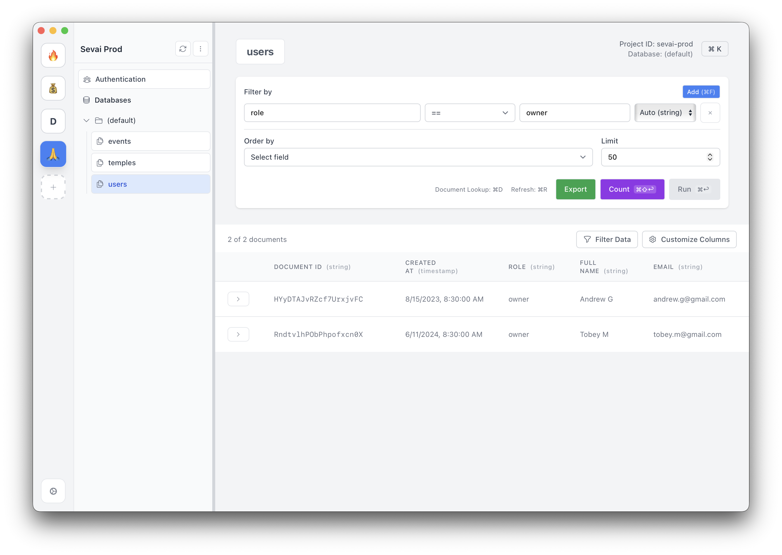 FirePilot Application Firebase Auth Users Interface
